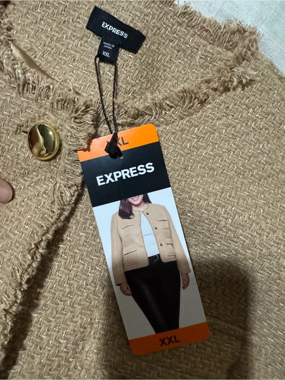 Express Women’s Tweed Fringe Jacket Tan Gold Button XXL Nwt - Picture 9 of 12